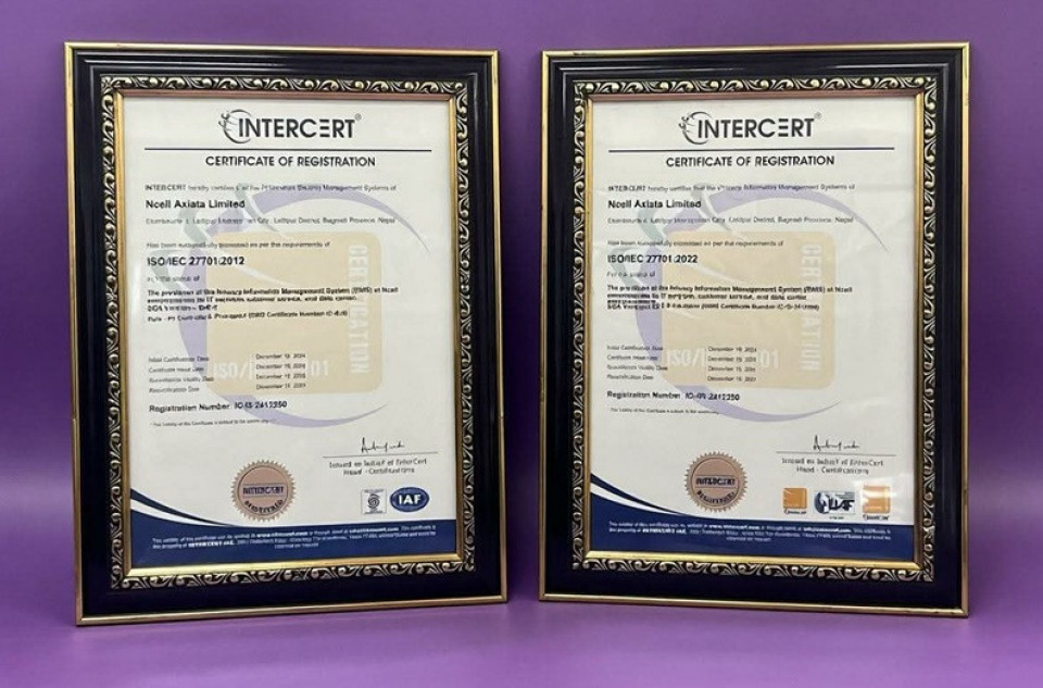 एनसेलको डेटा गोपनीयता र सूचना सुरक्षा सम्बन्धी आइएसओ २७००१ र २७७०१ मान्यता नविकरण
